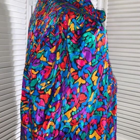Vintage Colorful Abstract Satin Button Down Bow Tie Blouse Large - Picture 6 of 16